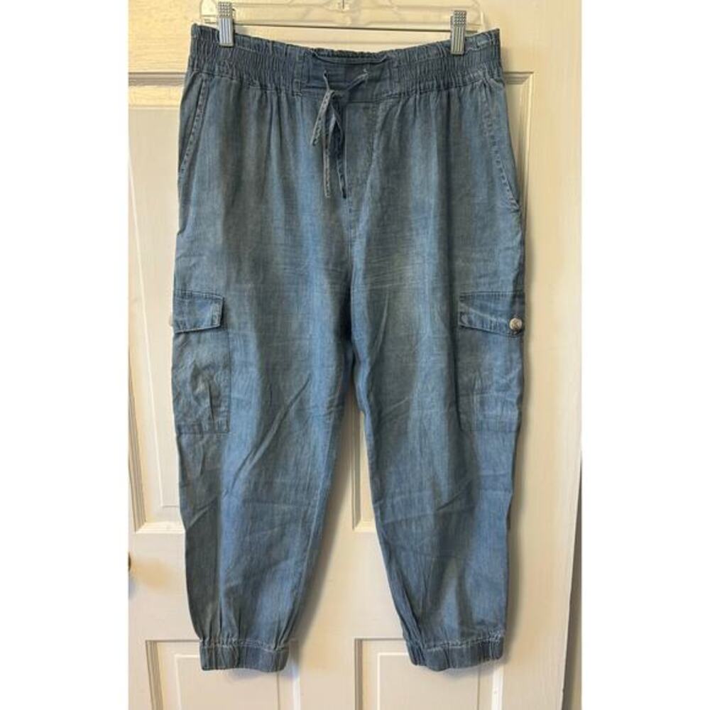 Soft Denim High-Waisted Cargo Pants Women’s Sz Large Baggy Relaxed Fit Cuffs